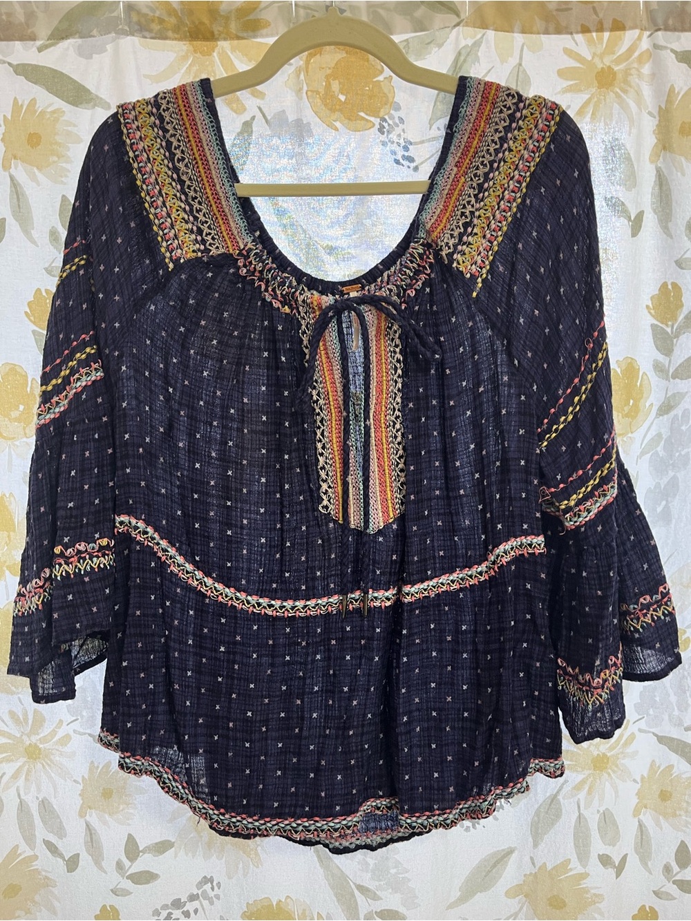 Free People Navy Embroidered Peasant Tunic with Multicolor Trim